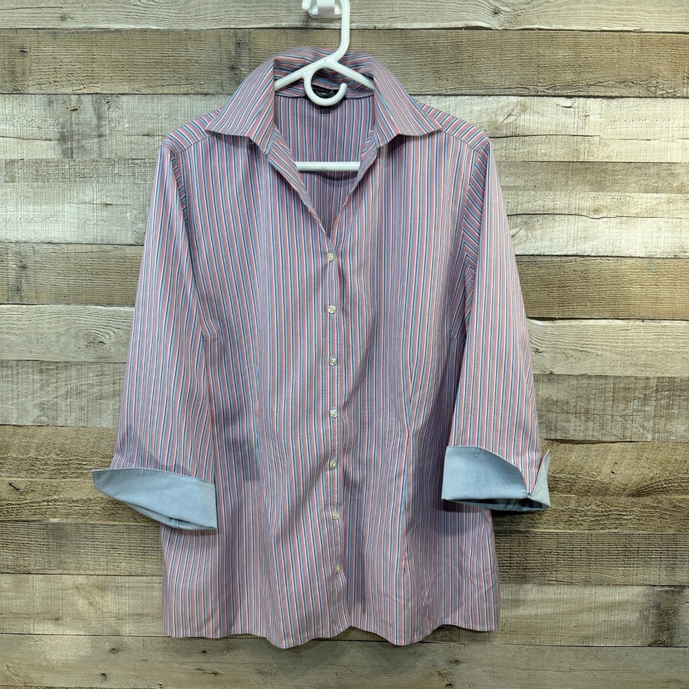 Lands End No Iron Pinpoint Oxford Shirt Womens 18W Striped 3/4 Sleeve Blue Pink